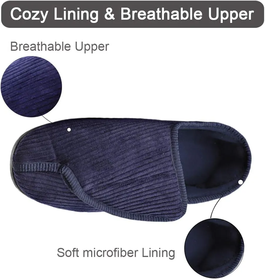 Men's Diabetic Slippers Adjustable House Shoes Warm Plush Fleece Comfortable Non-Skid Relief for Wide Swollen Feet, Elderly, Diabetes, Swelling, Edema, Arthritis
