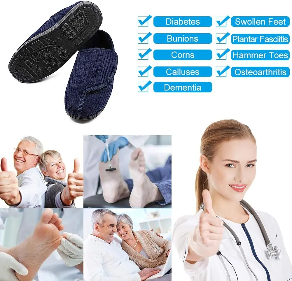 Men's Diabetic Slippers Adjustable House Shoes Warm Plush Fleece Comfortable Non-Skid Relief for Wide Swollen Feet, Elderly, Diabetes, Swelling, Edema, Arthritis