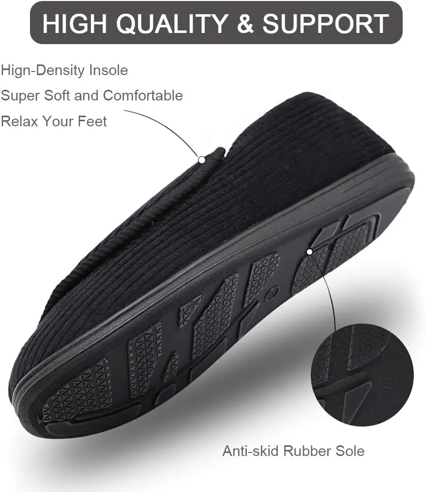 Men's Diabetic Slippers Adjustable House Shoes Warm Plush Fleece Comfortable Non-Skid Relief for Wide Swollen Feet, Elderly, Diabetes, Swelling, Edema, Arthritis