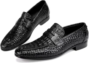 Men's Leather Dress Shoes, Premium Alligators Pattern Slip On Penny Loafer Casual Party Shoes Wedding Loafer for Men