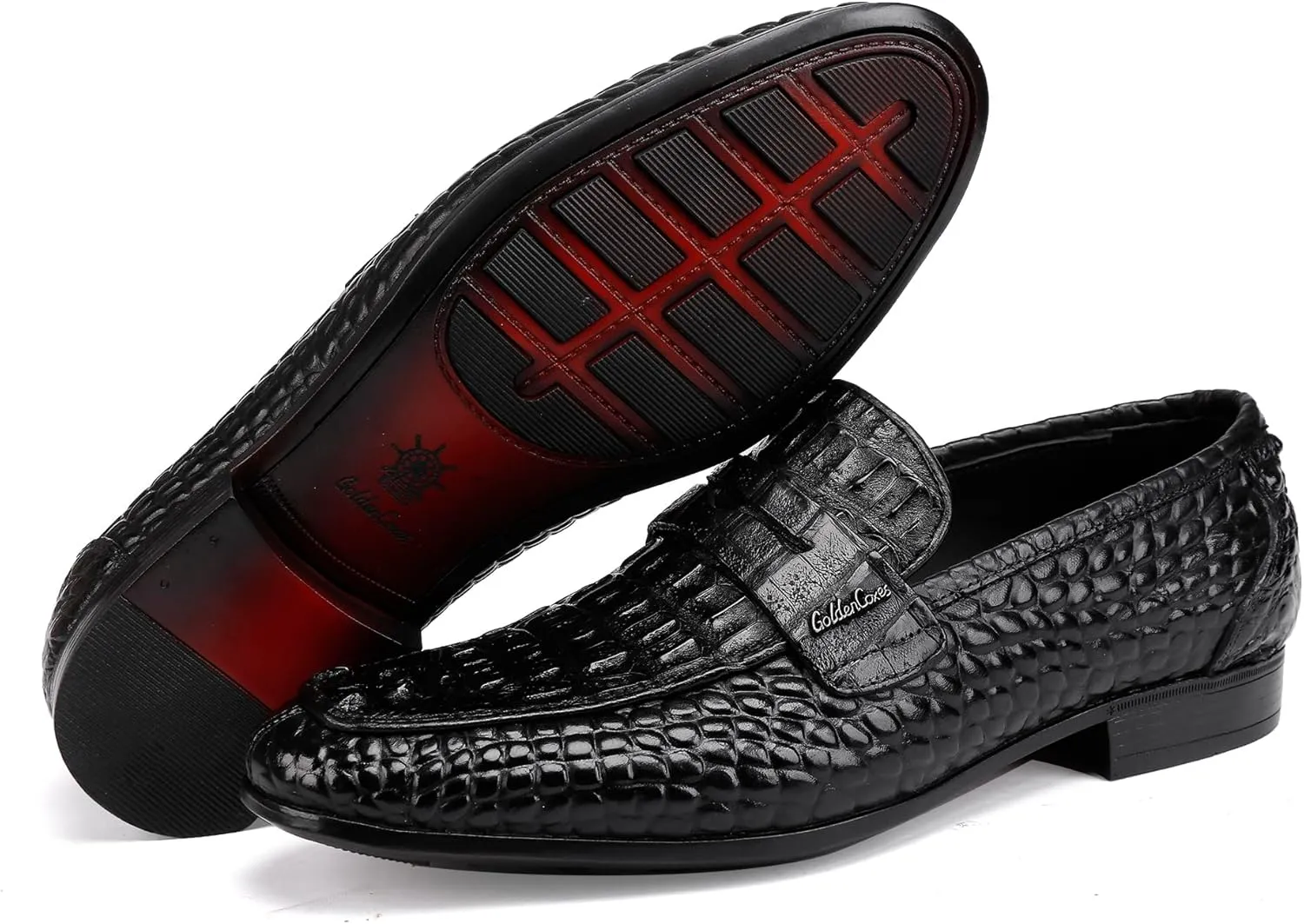 Men's Leather Dress Shoes, Premium Alligators Pattern Slip On Penny Loafer Casual Party Shoes Wedding Loafer for Men