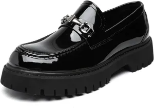 Mens Patent Leather Slip-On Platform Dress Horsebit Loafer Low Heels Round Toe Non-Slip Penny Shoes for Formal Business Wedding