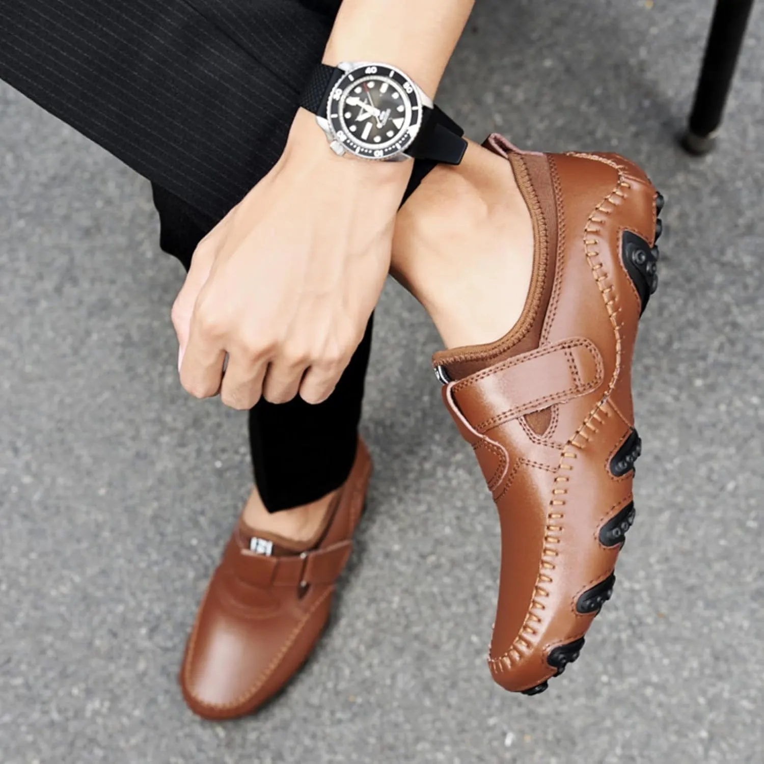 Men's Slip-On Leather Loafers with Adjustable Stickers Lightweight&Soft Round Toe Penny Loafers Low-Top Flats Moccasin Boat Shoes for Driving Walking