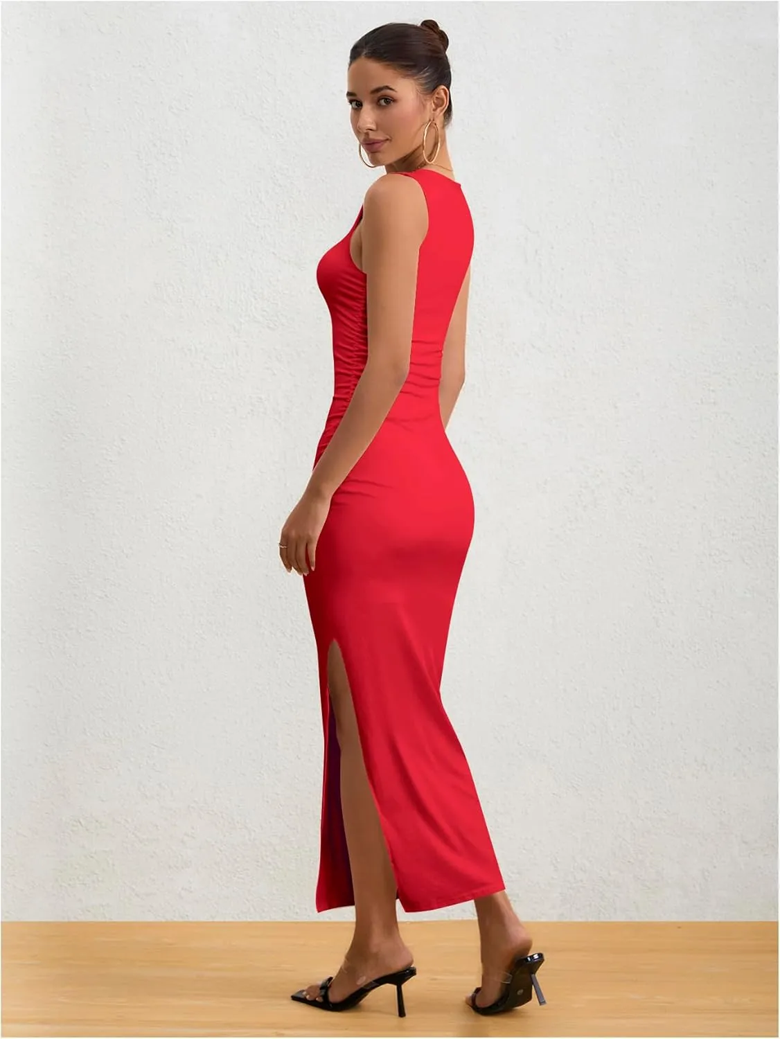 Milumia Women's Sleeveless Boat Neck Ruched Bodycon Maxi Dress Cocktail Long Dresses Elegant