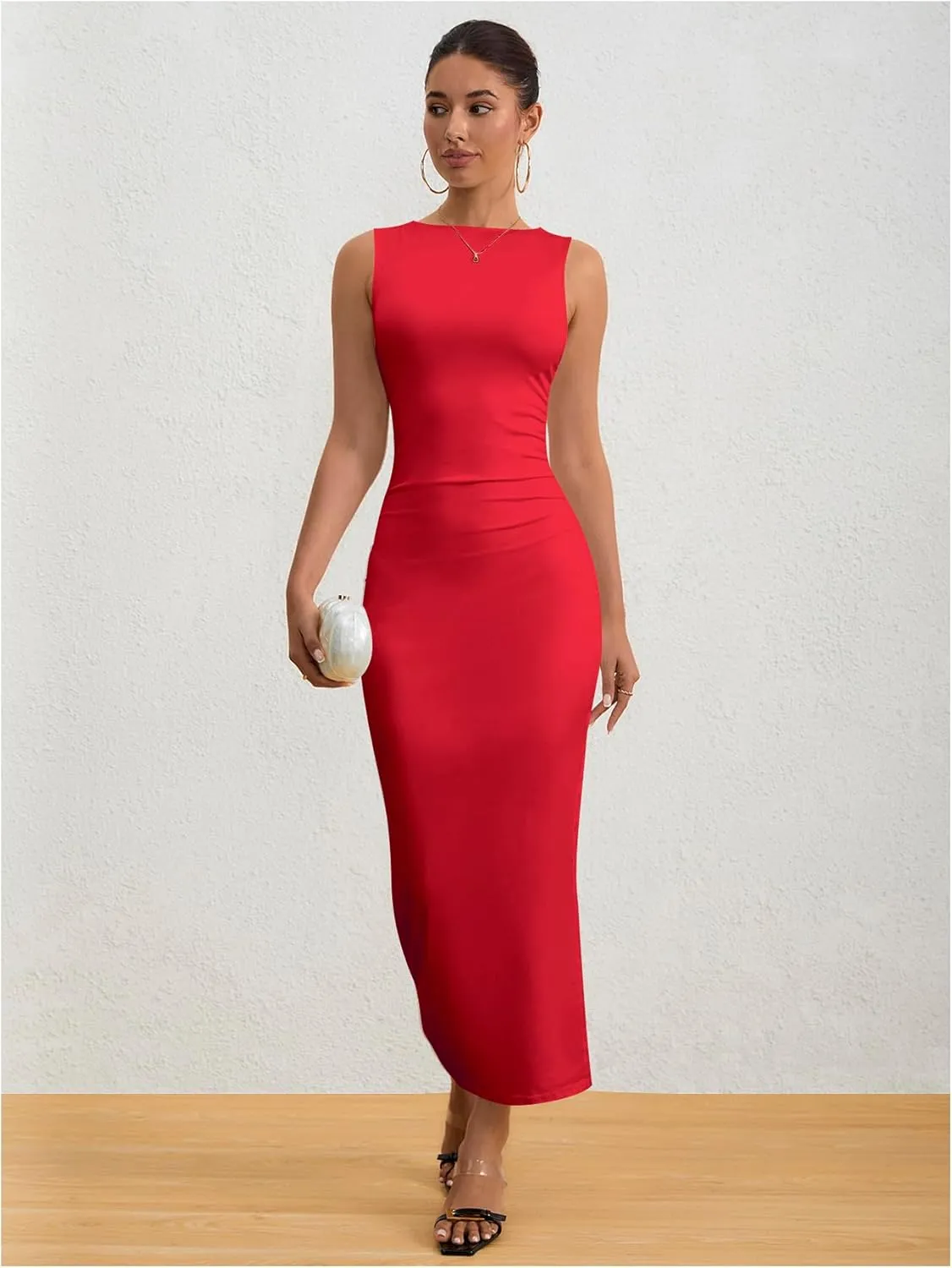 Milumia Women's Sleeveless Boat Neck Ruched Bodycon Maxi Dress Cocktail Long Dresses Elegant