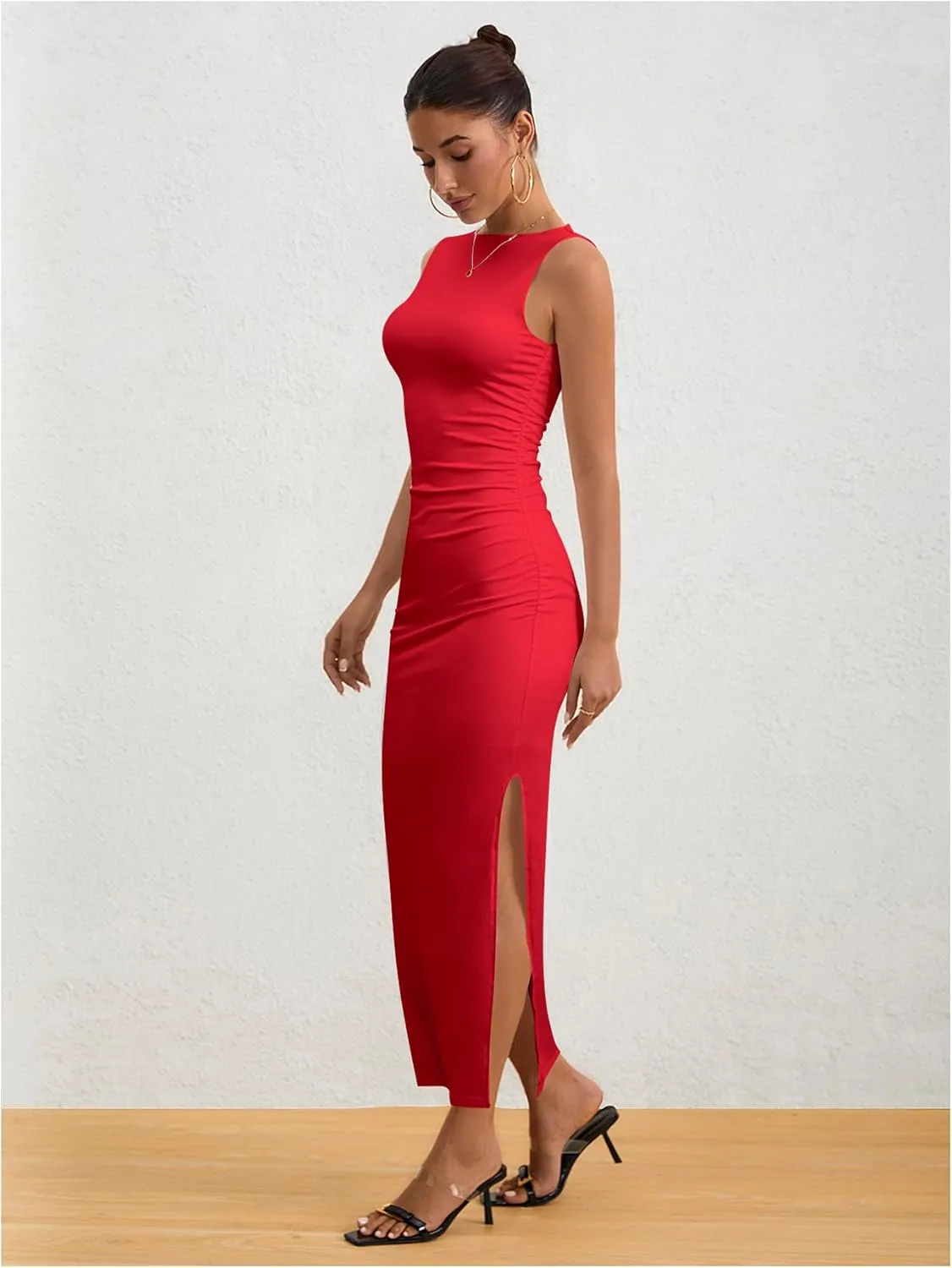 Milumia Women's Sleeveless Boat Neck Ruched Bodycon Maxi Dress Cocktail Long Dresses Elegant