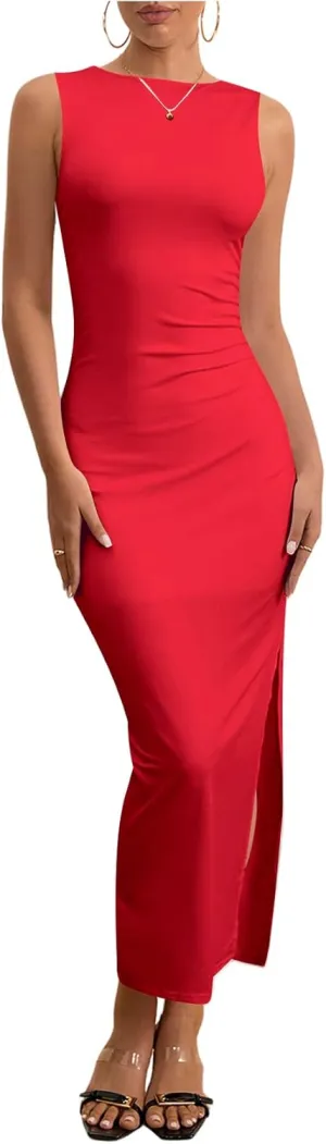 Milumia Women's Sleeveless Boat Neck Ruched Bodycon Maxi Dress Cocktail Long Dresses Elegant
