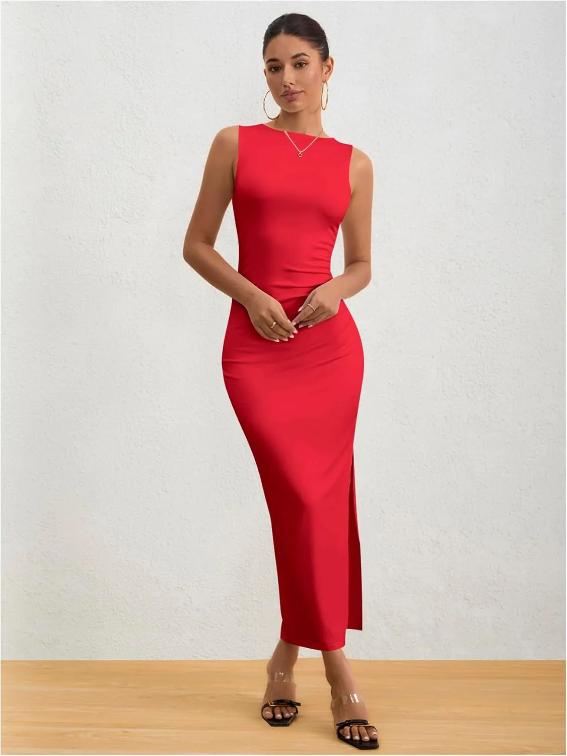 Milumia Women's Sleeveless Boat Neck Ruched Bodycon Maxi Dress Cocktail Long Dresses Elegant