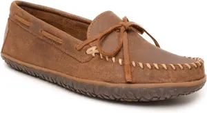 Minnetonka Men's Tread - Suede Moccasin for Men - Water-Resistant Indoor Outdoor Slippers with MinnTREAD Rubber Sole