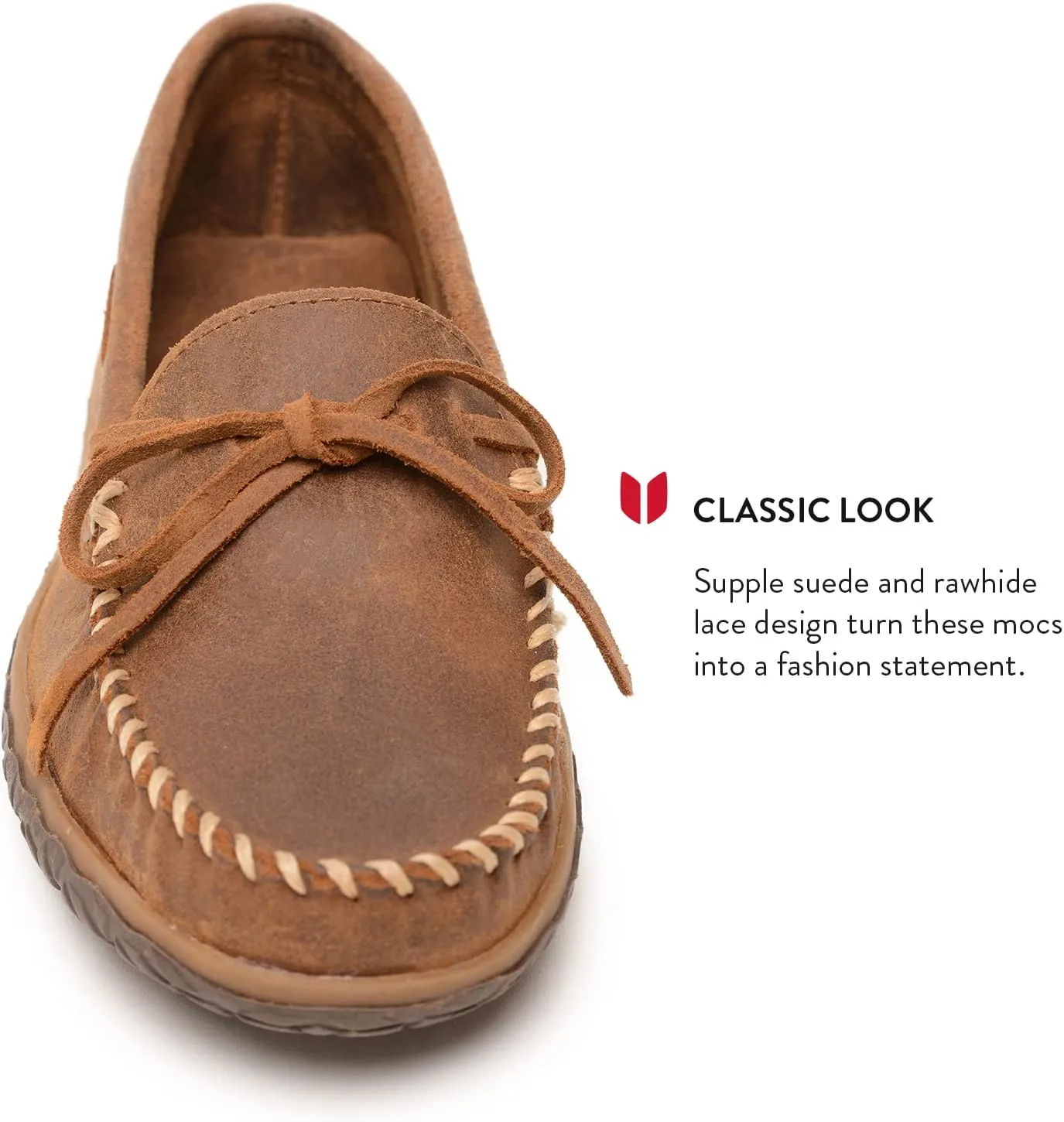 Minnetonka Men's Tread - Suede Moccasin for Men - Water-Resistant Indoor Outdoor Slippers with MinnTREAD Rubber Sole