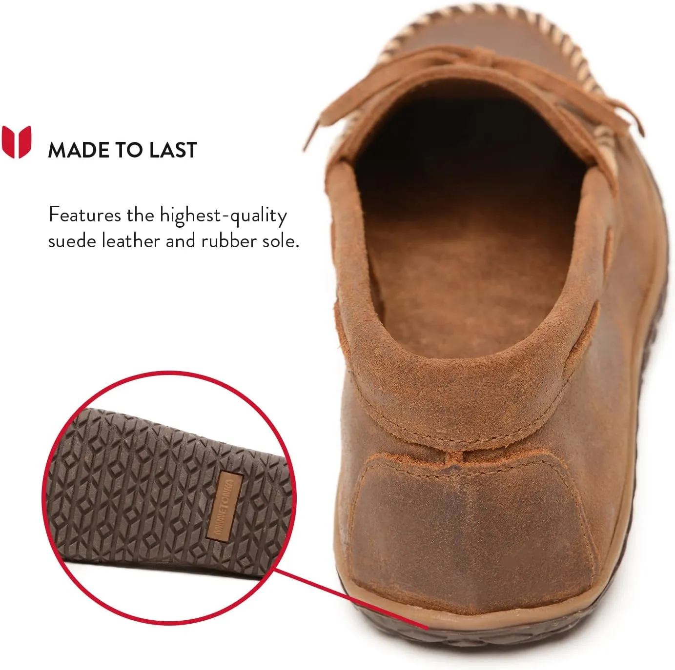 Minnetonka Men's Tread - Suede Moccasin for Men - Water-Resistant Indoor Outdoor Slippers with MinnTREAD Rubber Sole