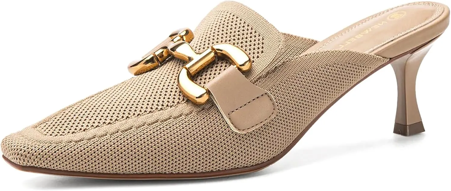 Mousse FIT Women's Knitted Square Toe Mules - Breathable High Heel Slides with Chain Strap Design
