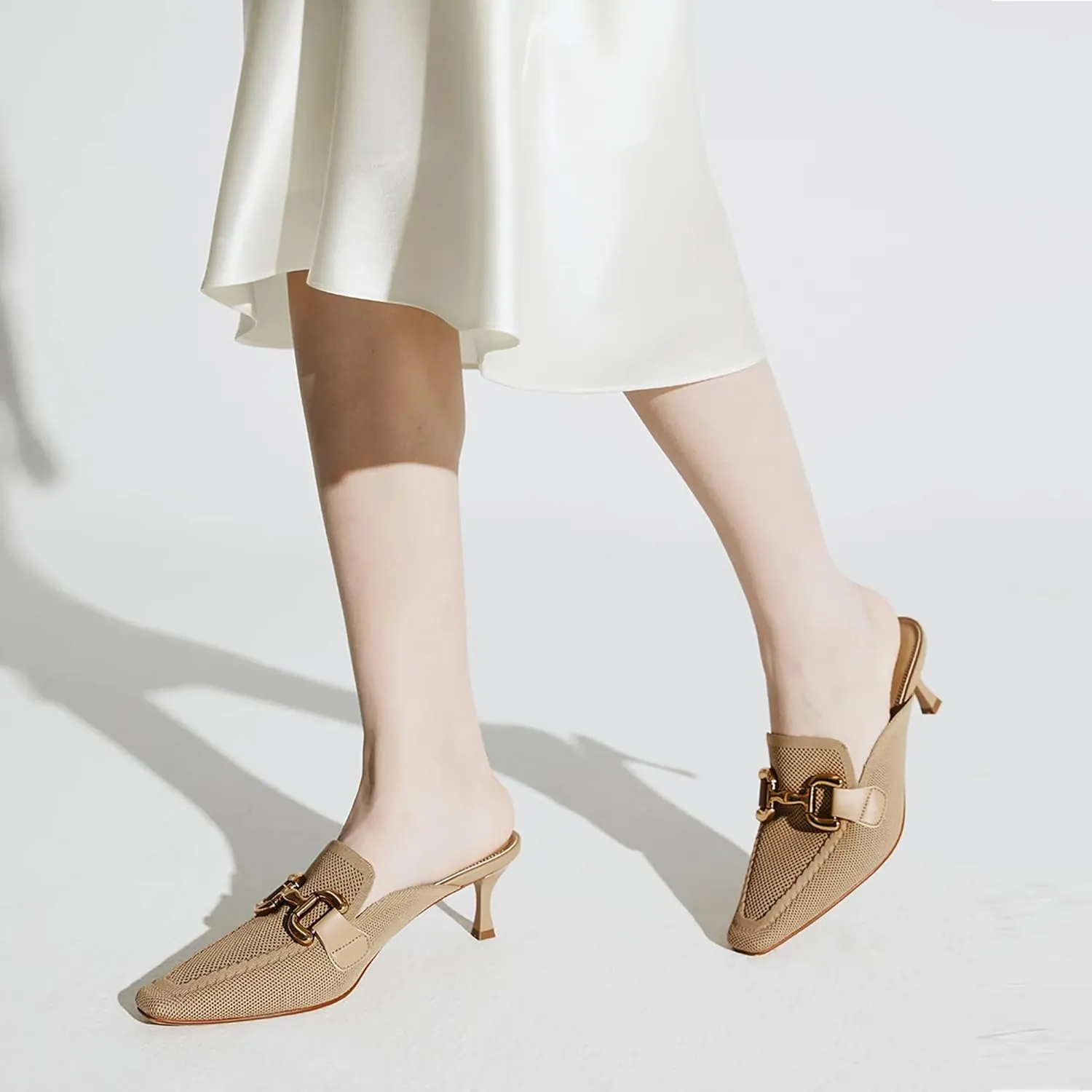 Mousse FIT Women's Knitted Square Toe Mules - Breathable High Heel Slides with Chain Strap Design