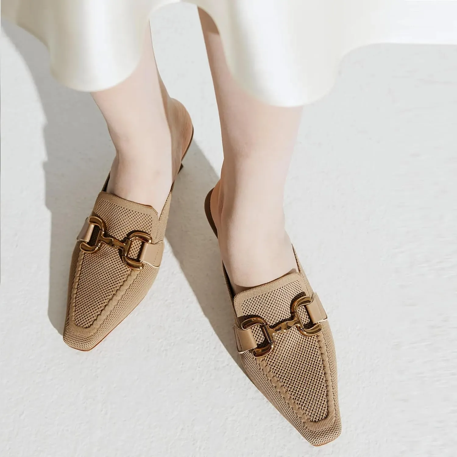 Mousse FIT Women's Knitted Square Toe Mules - Breathable High Heel Slides with Chain Strap Design