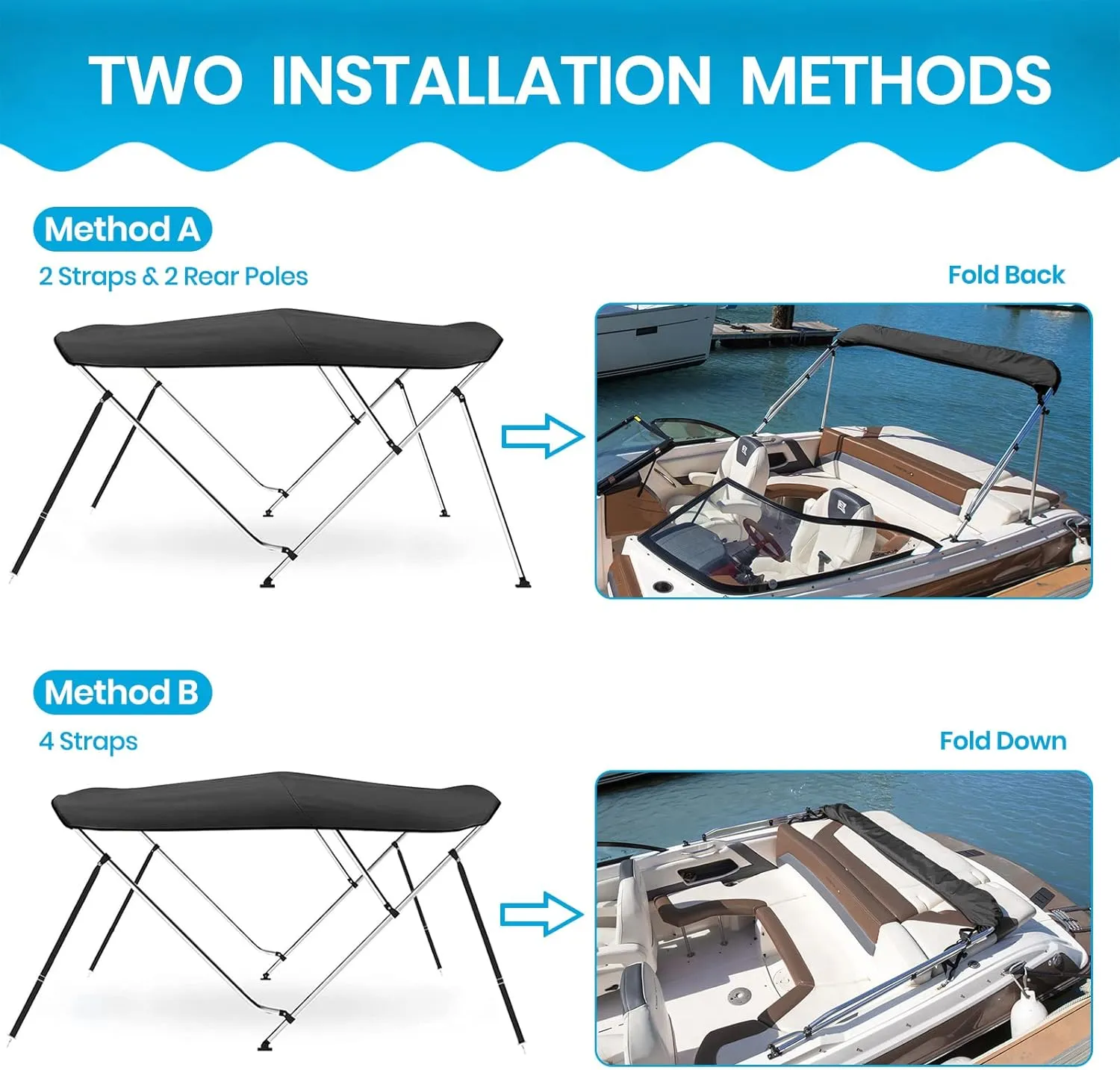 Naviskin 10 Optional Colors Available 3-4 Bow 13 Different Size Bimini Top Cover Includes Mounting Hardwares,Storage Boot with 1 Inch Aluminum Frame