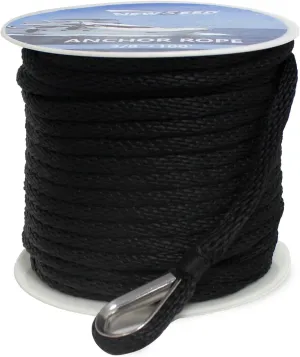 NEWSEED Anchor Rope 3/8" x 100FT Solid Braid Boat Anchor Line – 4035 lbs Break Strength, Marine Grade Rope with 316 Stainless Thimble – Heavy Duty Docking Line for Boats, Kayaks, Fishing, Black