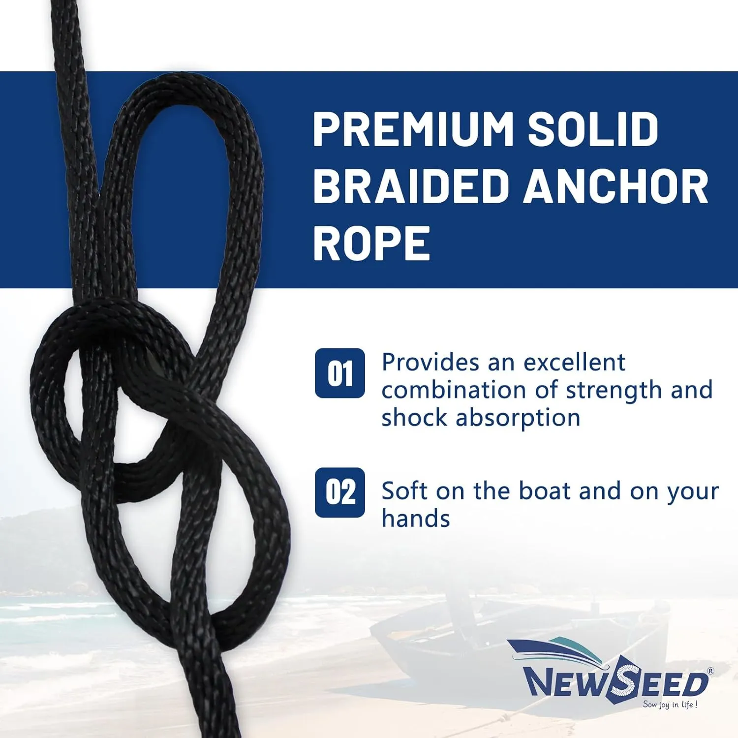 NEWSEED Anchor Rope 3/8" x 100FT Solid Braid Boat Anchor Line – 4035 lbs Break Strength, Marine Grade Rope with 316 Stainless Thimble – Heavy Duty Docking Line for Boats, Kayaks, Fishing, Black