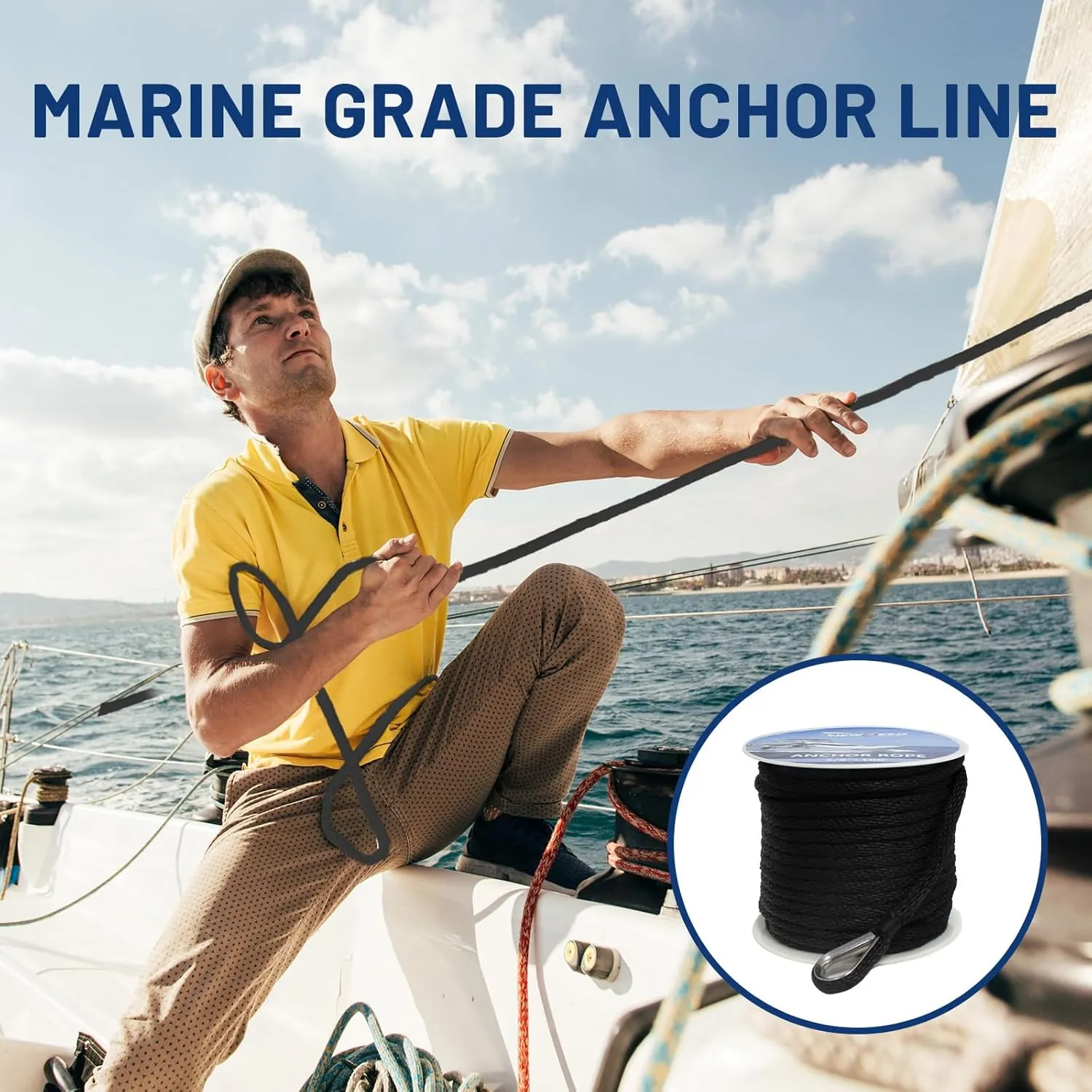 NEWSEED Anchor Rope 3/8" x 100FT Solid Braid Boat Anchor Line – 4035 lbs Break Strength, Marine Grade Rope with 316 Stainless Thimble – Heavy Duty Docking Line for Boats, Kayaks, Fishing, Black