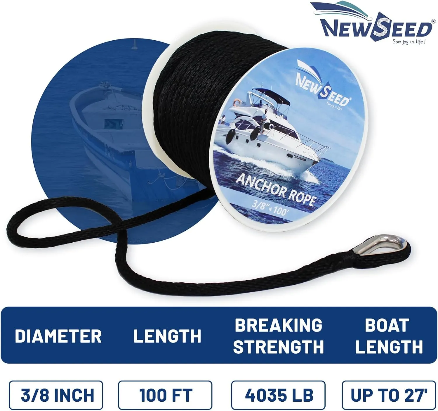 NEWSEED Anchor Rope 3/8" x 100FT Solid Braid Boat Anchor Line – 4035 lbs Break Strength, Marine Grade Rope with 316 Stainless Thimble – Heavy Duty Docking Line for Boats, Kayaks, Fishing, Black