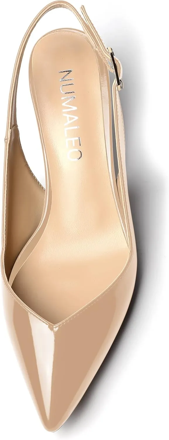 NUMALEO Womens Bridal Ankle Strap Pointed Toe Patent Buckle Fashion Spool High Heel Pumps Shoes 3.3 Inch