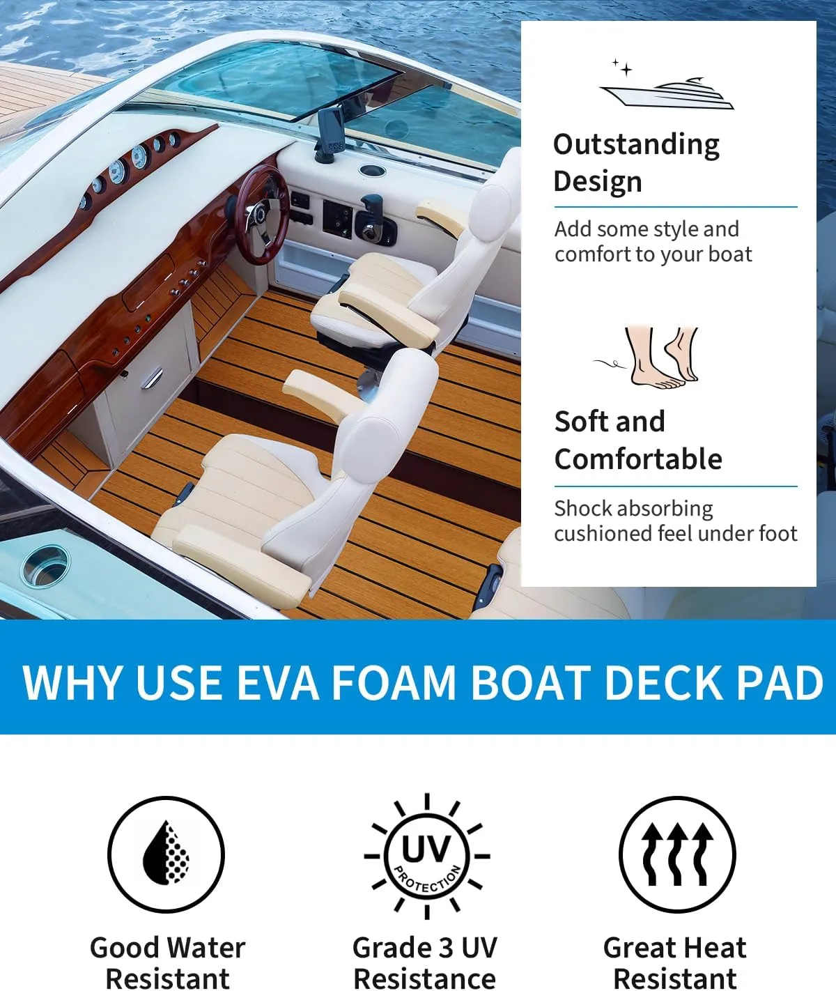OCEANBROAD Boat Flooring EVA Foam Self-Adhesive 96''x45.6''/36''/28.8''/16.8'' Faux Teak Marine Boat Decking Sheet for Jon Boats Yacht Floor