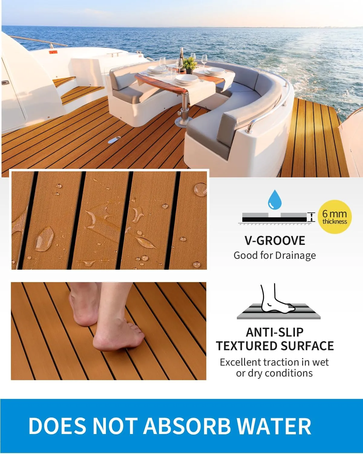 OCEANBROAD Boat Flooring EVA Foam Self-Adhesive 96''x45.6''/36''/28.8''/16.8'' Faux Teak Marine Boat Decking Sheet for Jon Boats Yacht Floor