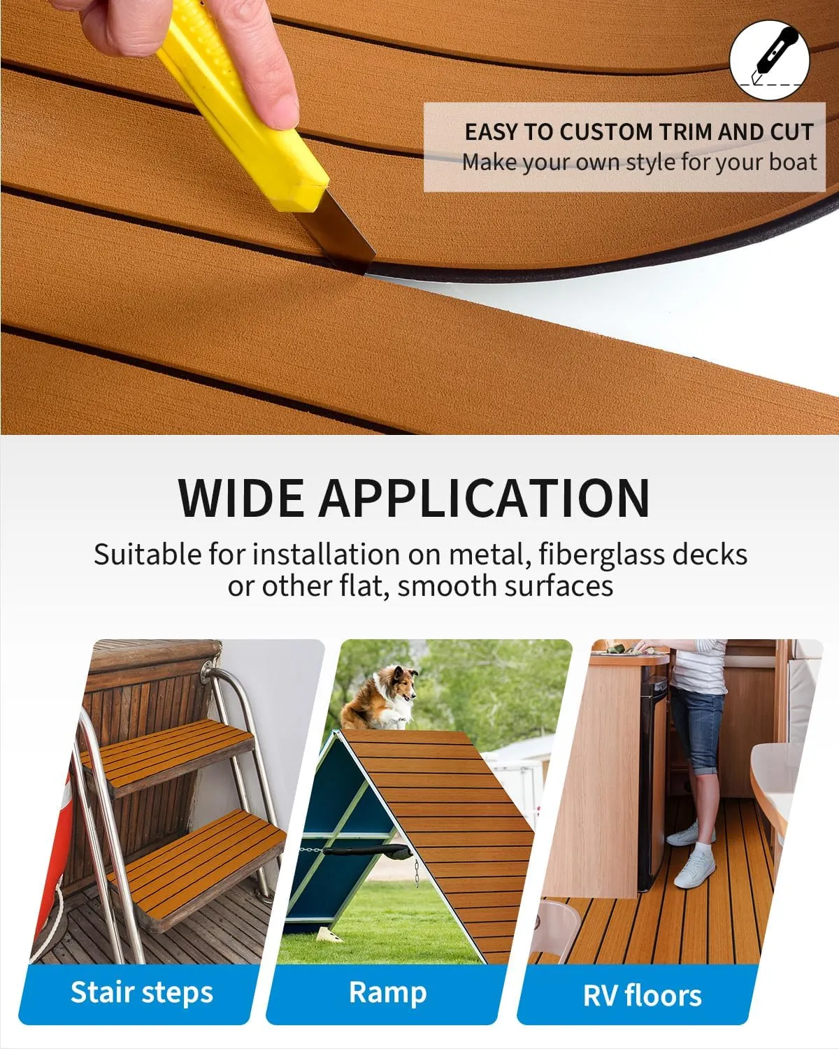 OCEANBROAD Boat Flooring EVA Foam Self-Adhesive 96''x45.6''/36''/28.8''/16.8'' Faux Teak Marine Boat Decking Sheet for Jon Boats Yacht Floor