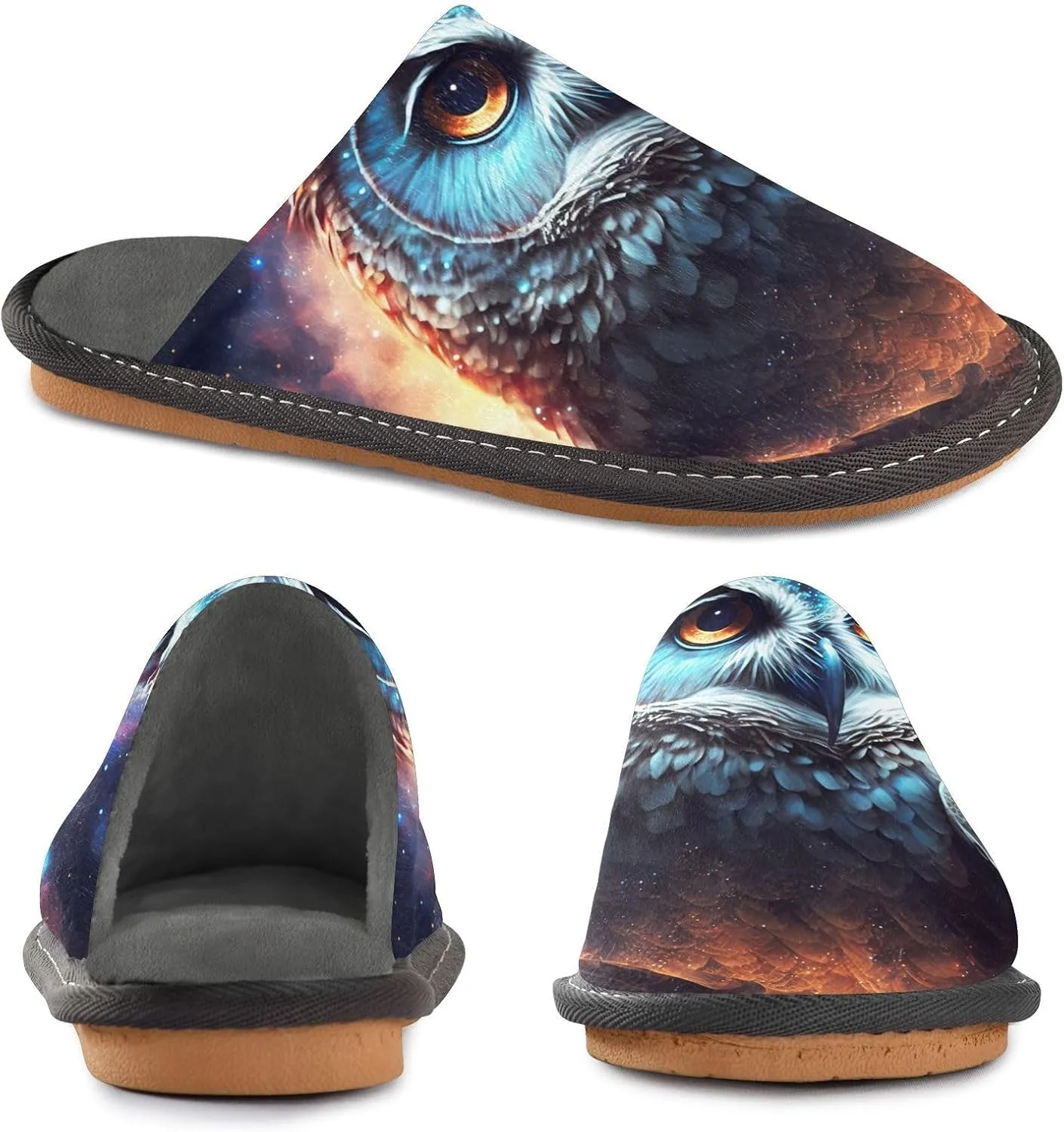 Owl in Cosmic House Slippers for Women Men, Warm Slipper Rubber Sole Memory Foam Indoor Outdoor 4-5