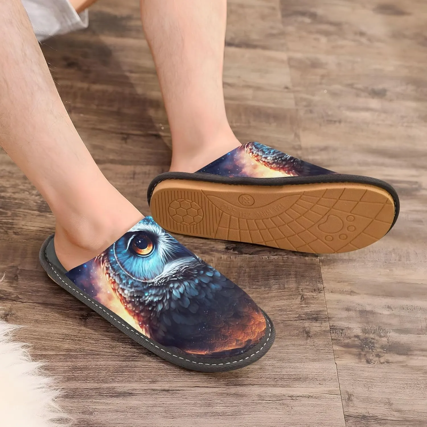 Owl in Cosmic House Slippers for Women Men, Warm Slipper Rubber Sole Memory Foam Indoor Outdoor 4-5