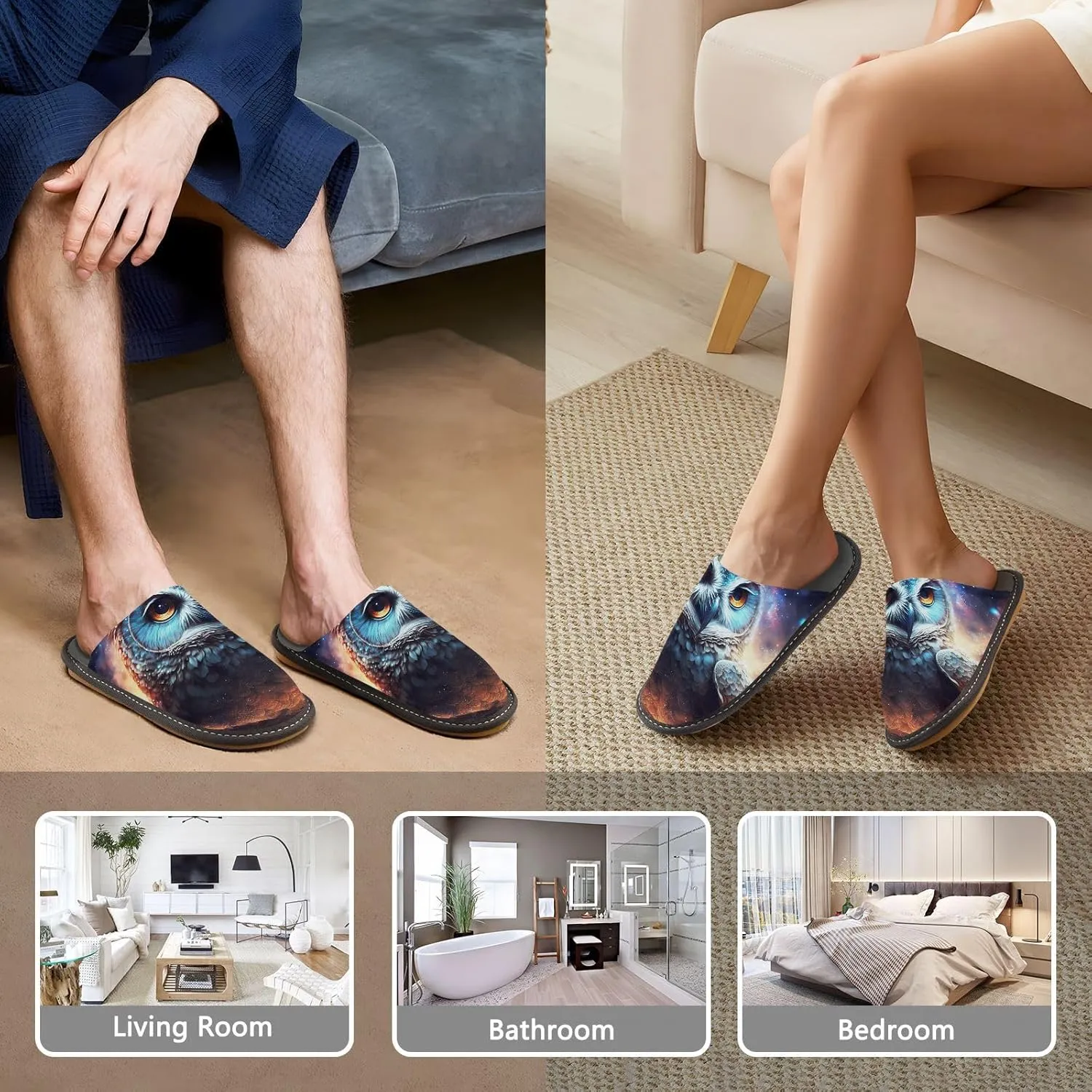 Owl in Cosmic House Slippers for Women Men, Warm Slipper Rubber Sole Memory Foam Indoor Outdoor 4-5