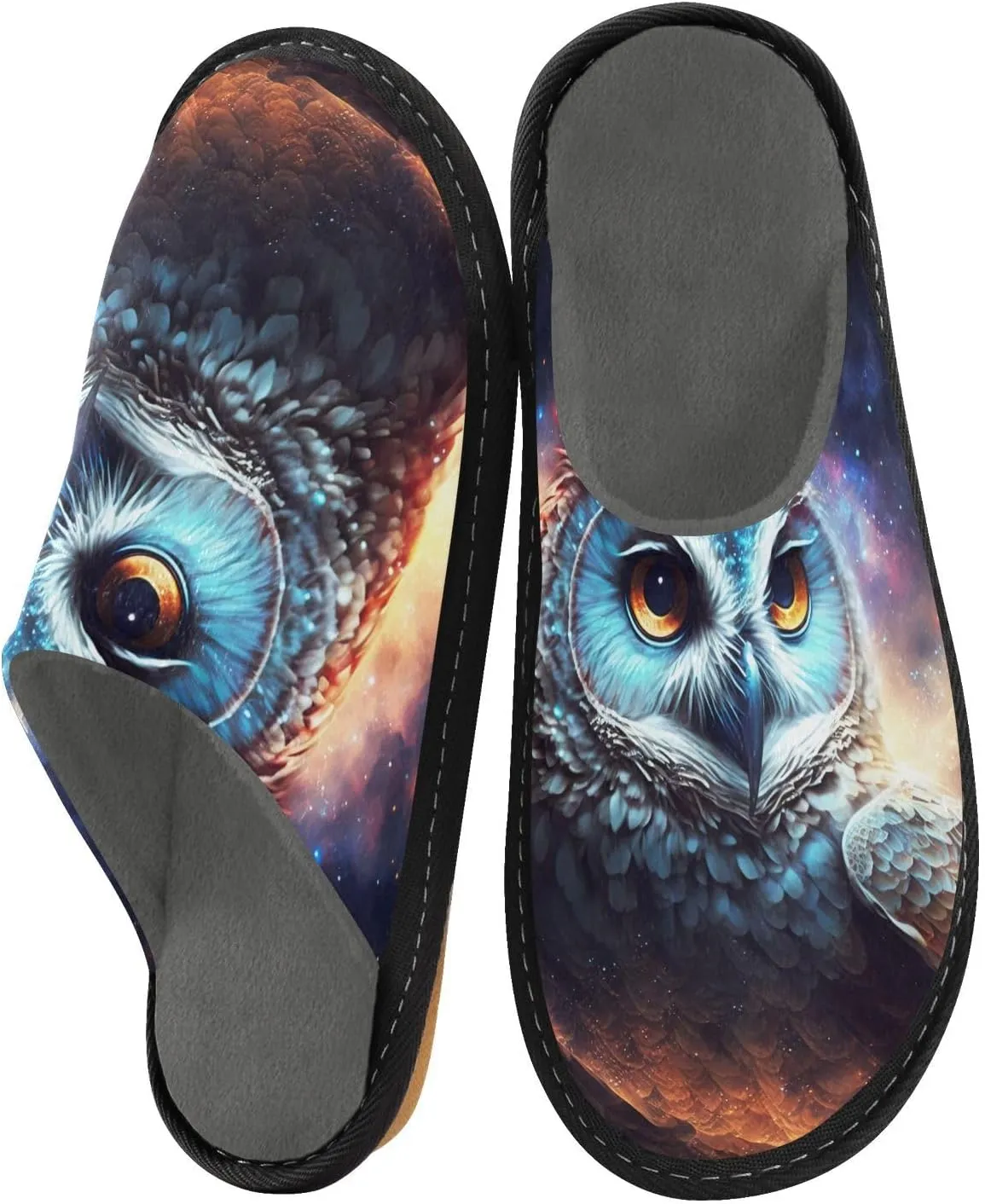 Owl in Cosmic House Slippers for Women Men, Warm Slipper Rubber Sole Memory Foam Indoor Outdoor 4-5