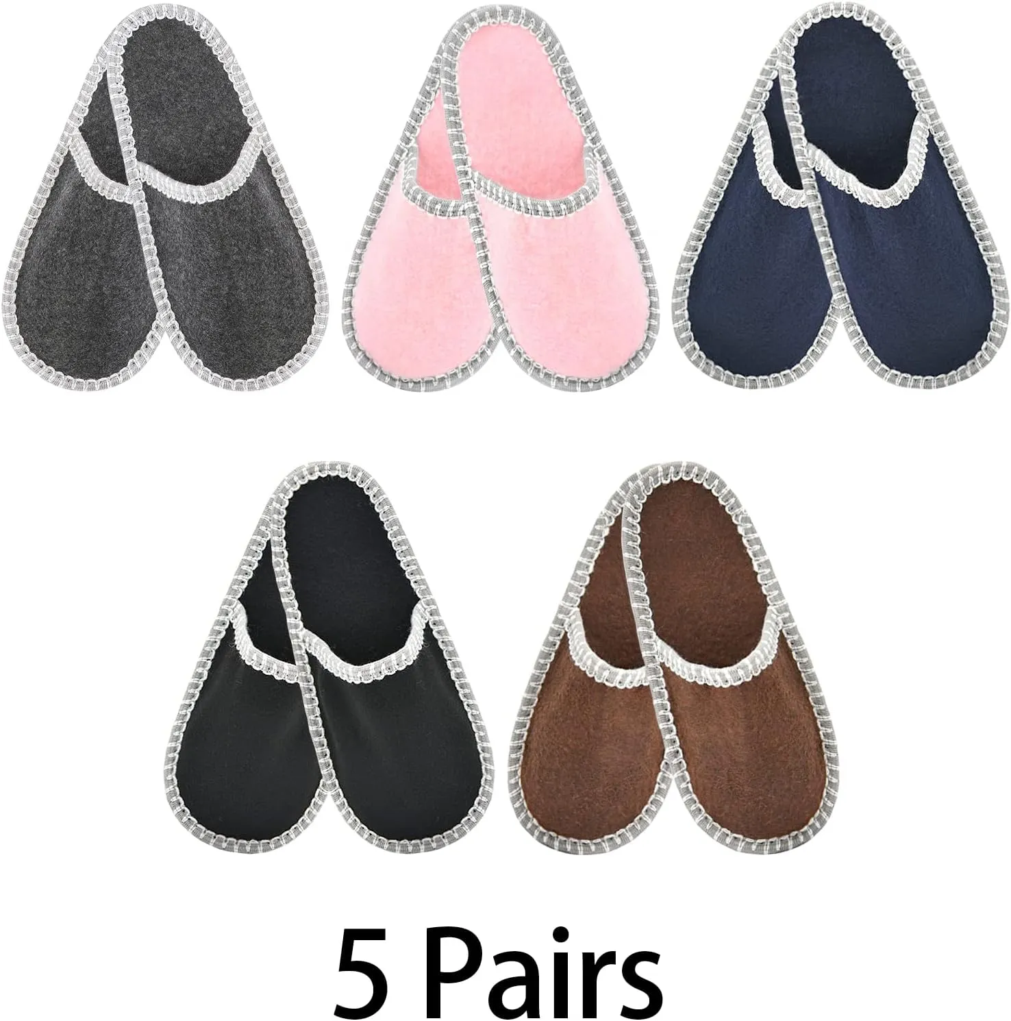 Panda Bros Fleece Felt Close Toe 5 Pairs Non Slip Indoor Family House Guest Slippers Set for Shoeless Home