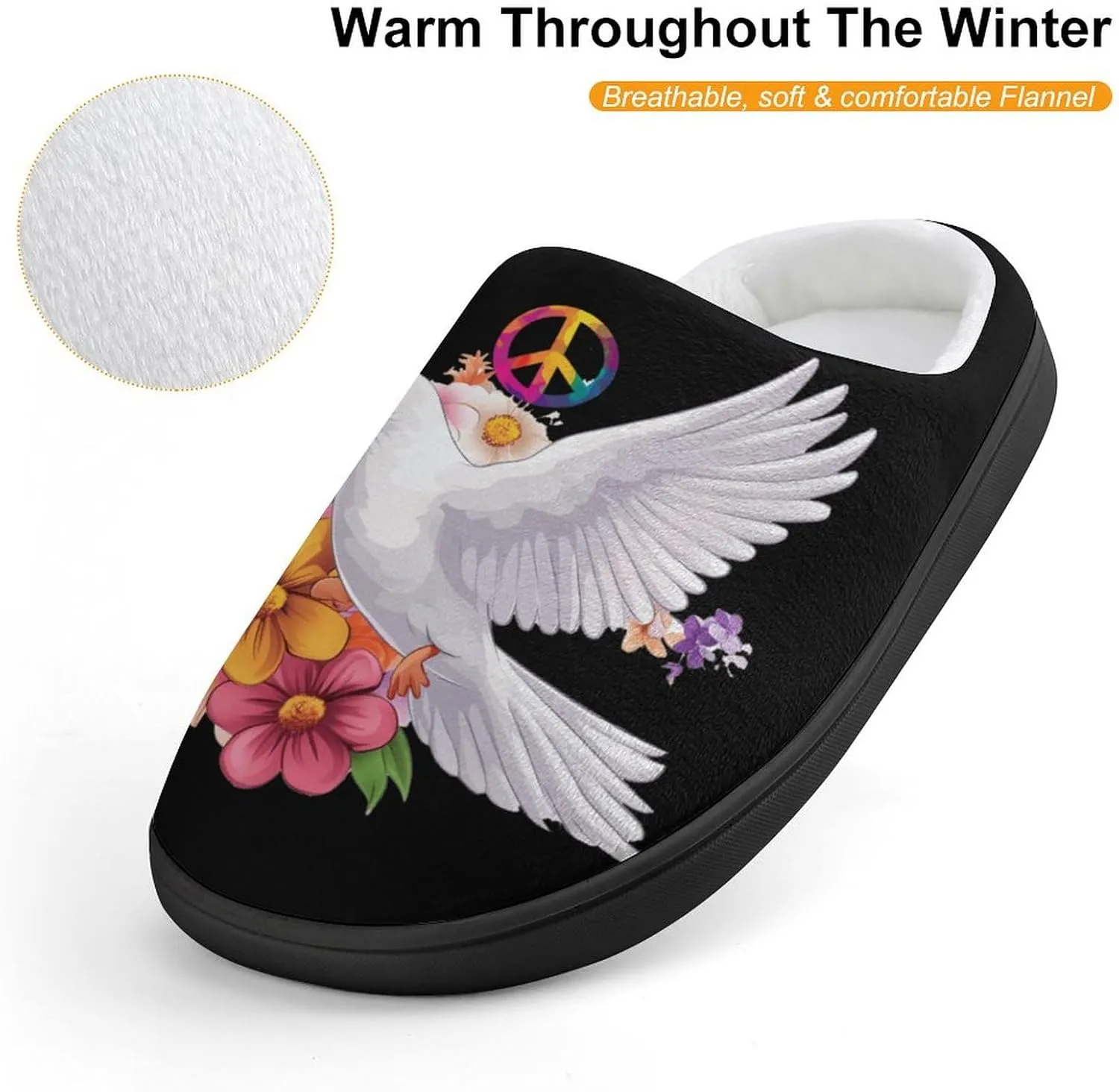 Peace Sign Dove White Pigeon Flowers Slippers Non-slip House Slippers Home Shoes Indoor Outdoor Slippers For Girls Boys