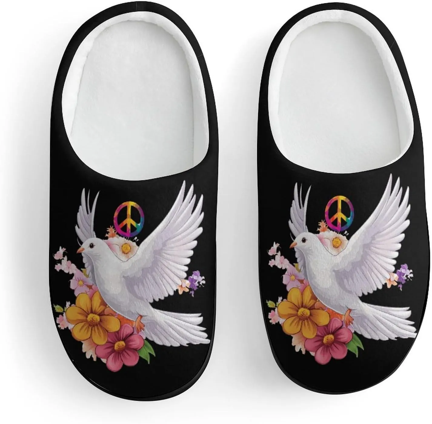 Peace Sign Dove White Pigeon Flowers Slippers Non-slip House Slippers Home Shoes Indoor Outdoor Slippers For Girls Boys