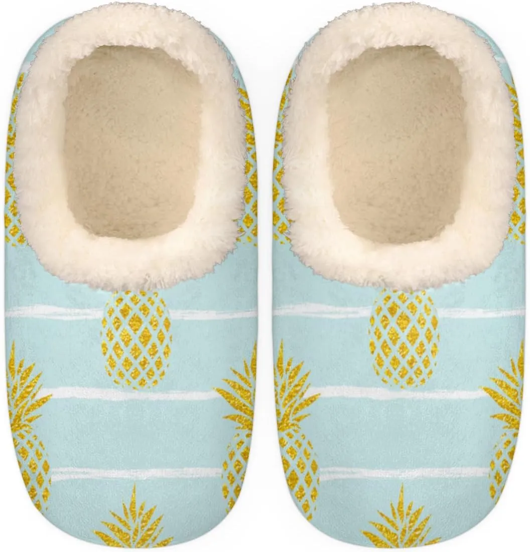 Pineapple Stripe Women's Slippers, Fruit Soft Cozy Plush Lined House Slipper Shoes Indoor Non-Slip Slippers for Women Girls Boys Teenager