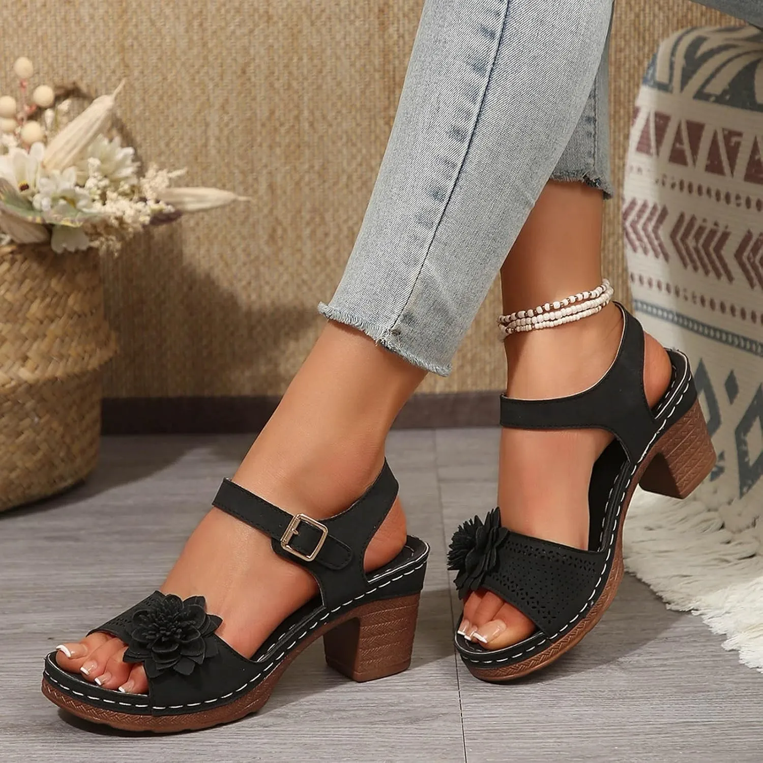 Platform Heels for Women Block Chunky Wedges High Heel Sandals Ankle Strap Open Toe Slip-on Sandals Casual Summer Beach Pumps