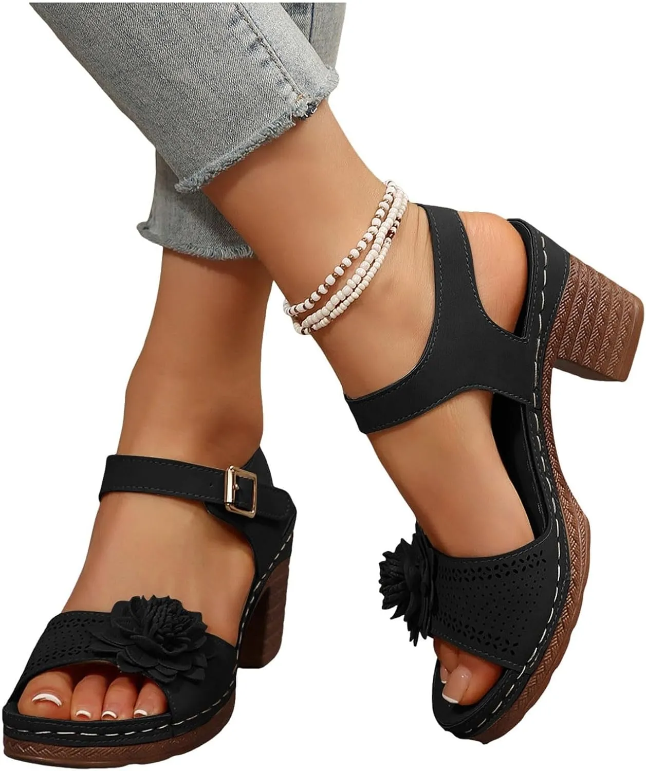 Platform Heels for Women Block Chunky Wedges High Heel Sandals Ankle Strap Open Toe Slip-on Sandals Casual Summer Beach Pumps
