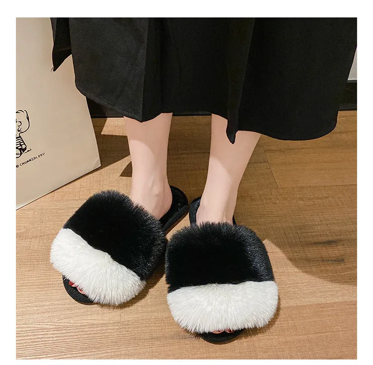 Plush Slippers For Women's Outdoor Flat Bottom Fashion Girls Furry Slipper