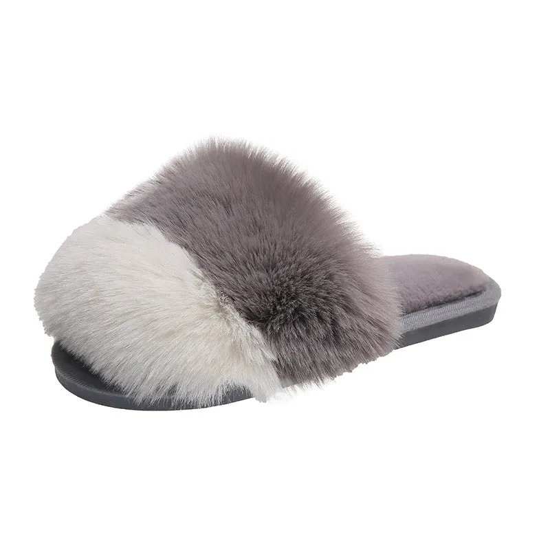 Plush Slippers For Women's Outdoor Flat Bottom Fashion Girls Furry Slipper