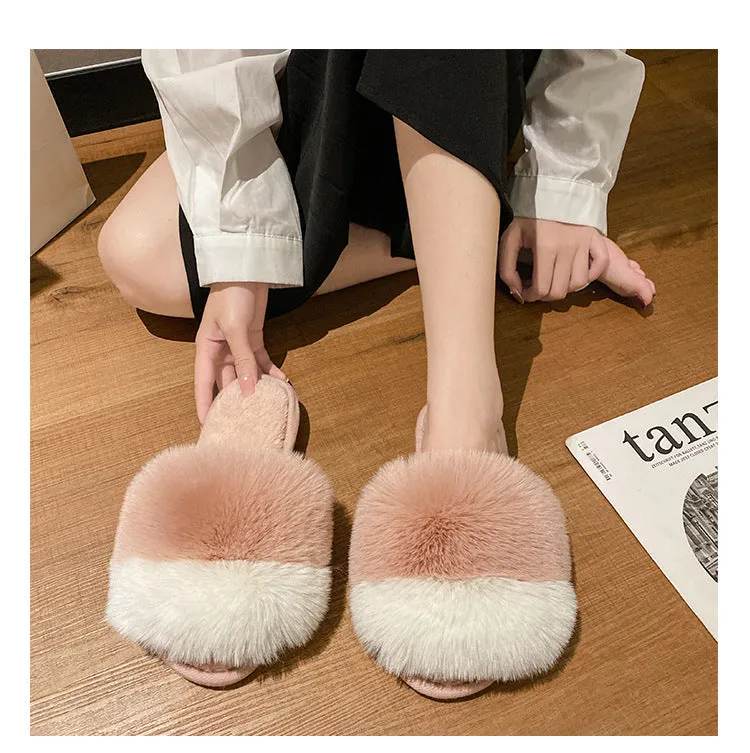 Plush Slippers For Women's Outdoor Flat Bottom Fashion Girls Furry Slipper