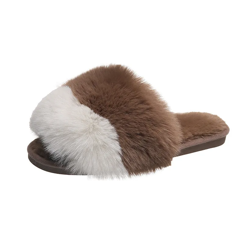 Plush Slippers For Women's Outdoor Flat Bottom Fashion Girls Furry Slipper