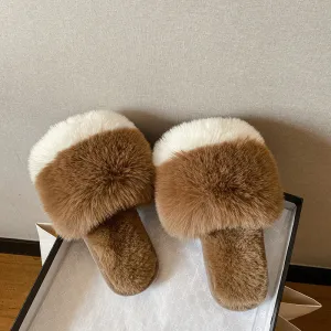 Plush Slippers For Women's Outdoor Flat Bottom Fashion Girls Furry Slipper