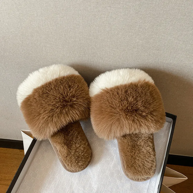 Plush Slippers For Women's Outdoor Flat Bottom Fashion Girls Furry Slipper