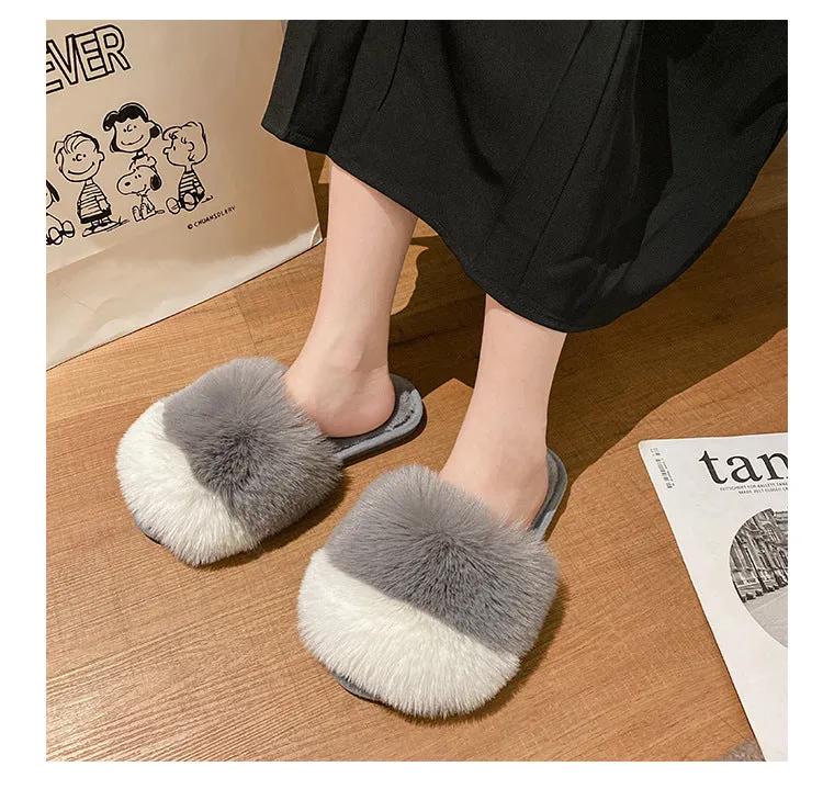 Plush Slippers For Women's Outdoor Flat Bottom Fashion Girls Furry Slipper