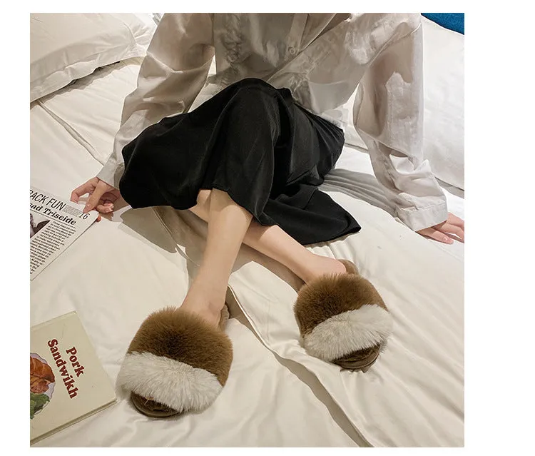 Plush Slippers For Women's Outdoor Flat Bottom Fashion Girls Furry Slipper