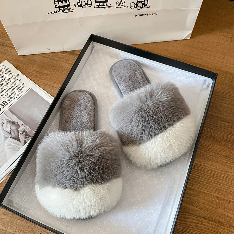 Plush Slippers For Women's Outdoor Flat Bottom Fashion Girls Furry Slipper