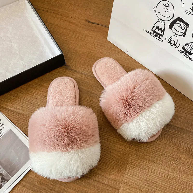 Plush Slippers For Women's Outdoor Flat Bottom Fashion Girls Furry Slipper