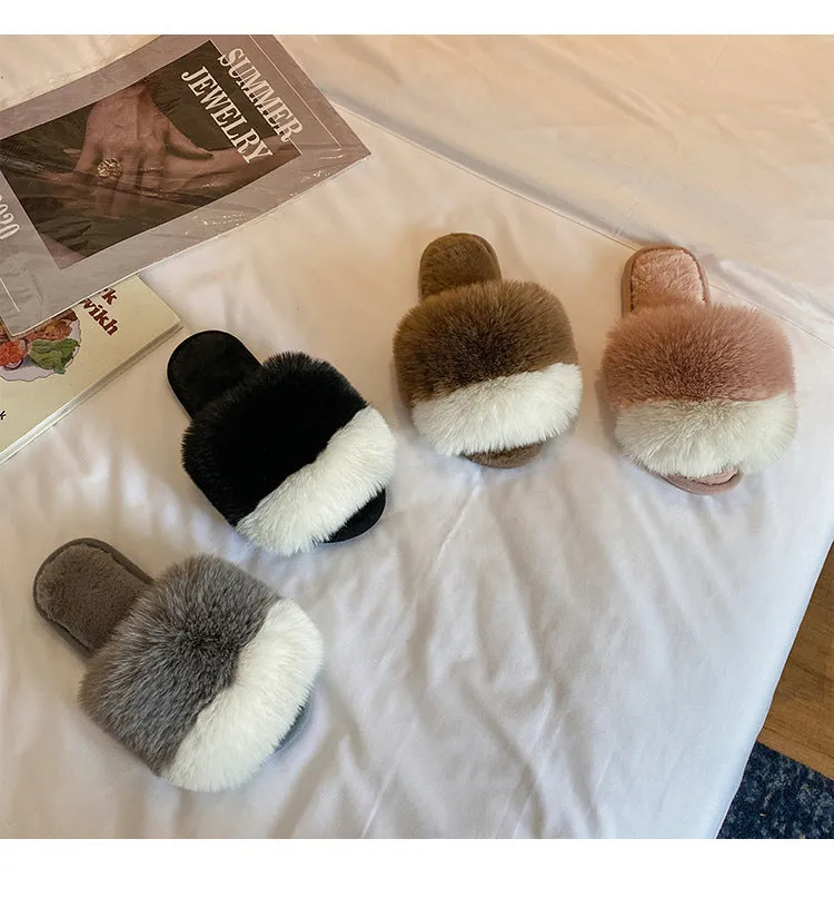 Plush Slippers For Women's Outdoor Flat Bottom Fashion Girls Furry Slipper