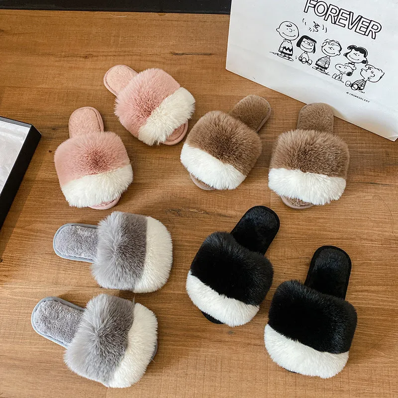 Plush Slippers For Women's Outdoor Flat Bottom Fashion Girls Furry Slipper