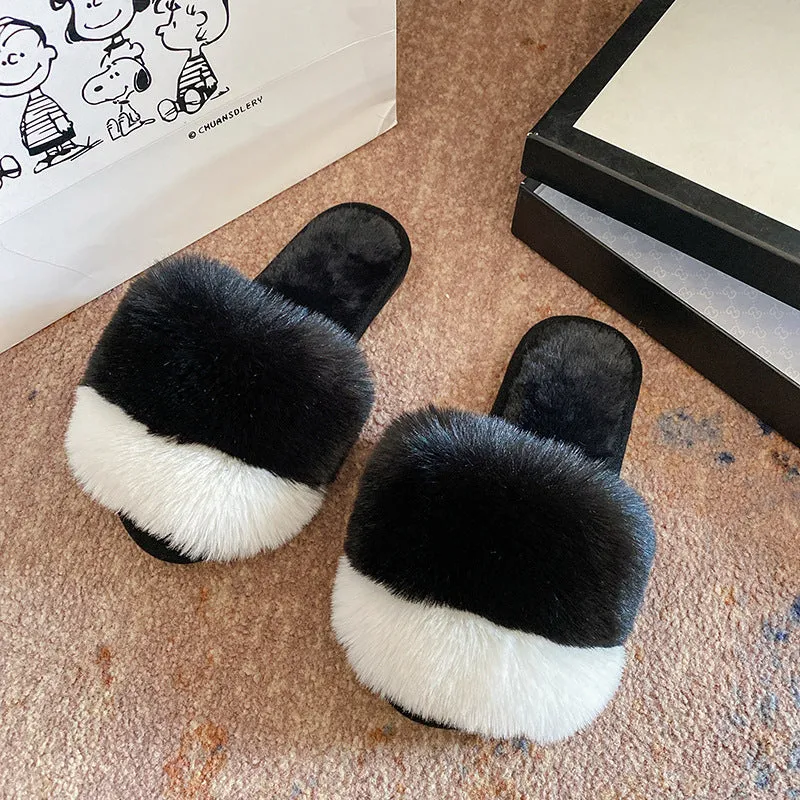 Plush Slippers For Women's Outdoor Flat Bottom Fashion Girls Furry Slipper